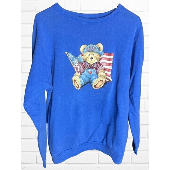 USA Teddy Bear Puff‎ Print Blue Crewneck Hoodie Size X-Large - Picture 1 of 9